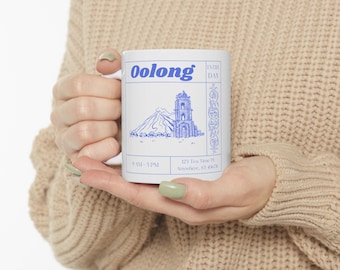 TeaCup Oolong Ceramic Mug 11oz | Tea Lover Gift | White and Blue | Aesthetic