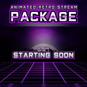 Animated Retro Stream Package for Twitch | Overlays | Webcams | Alerts | Stinger Transition | Panels | White, Pink, Purple | All in one |