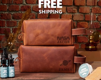 Custom Astronaut Dopp Kit: Personalized Space Lover Toiletry Bag, Leather Galaxy Travel Case