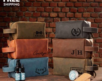 Custom Men's Travel Toiletry Bag: Personalized Leather Dopp Kit, Business Trip Grooming Organizer Bag