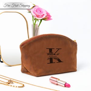 Custom Leather Makeup Bag, Personalized Travel Bag Gifts For Her Mom, Bridesmaid Bag Wedding Gift Bride Women Anniversary Gift, Makeup Pouch