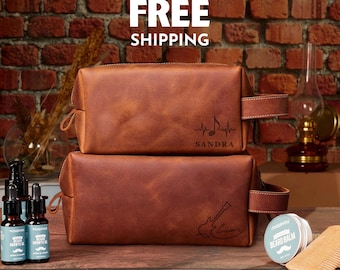 Custom Musician Dopp Kit: Personalized Leather Guitar Player Toiletry Bag, Band Member Travel Case