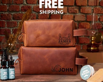Personalized Full-Grain Leather Bowling Player Toiletry Bag: Monogram Toiletry Bag Men, Sports Wash Bag