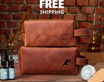 Custom Leather Tolietry Bag for Men: Handmade Personalized Dopp Kit, Monogrammed Volleyball Toiletry Bag