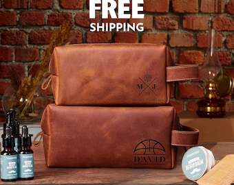 Full Grain Leather Toiletry Bag for Men: Personalized Basketball Dopp Kit, Athlete Travel Bag, Men Grooming Bag