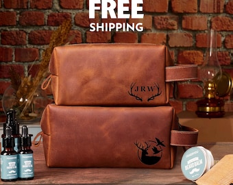 Personalized Full-Grain Leather Hunting Toiletry Bag: Custom Engraved Hunter Dopp Kit, Handmade Bag for Him