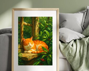 Sleeping Cat Art Print, Minimalist Cat Lover Gift, Cozy Bedroom Wall Decor