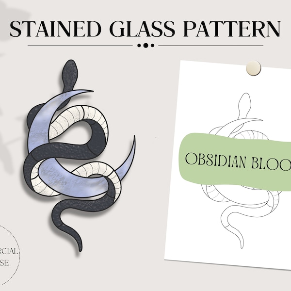 Stained Glass Snake and Moon Pattern Template, PDF Digital Download, DIY Decor, Gothic Nature, Commercial License, Window Hangings, Witch