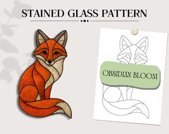 May include: A stained glass pattern of a fox in orange, brown, and cream. The fox is depicted in a sitting position, with intricate details. A drawing of the fox is on a paper with the text "Obsidian Bloom". The words "Stained Glass Pattern" are at the top.