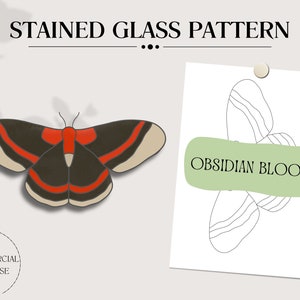 Może przedstawiać: Ilustracja ćmy z czarnymi skrzydłami, czerwonymi i kremowymi akcentami oraz białym korpusem. Obraz zawiera tekst "STAINED GLASS PATTERN" oraz rysunek kwiatu z tekstem "OBSIDIAN BLOOM". Widoczna jest również "LICENCJA KOMERCYJNA".