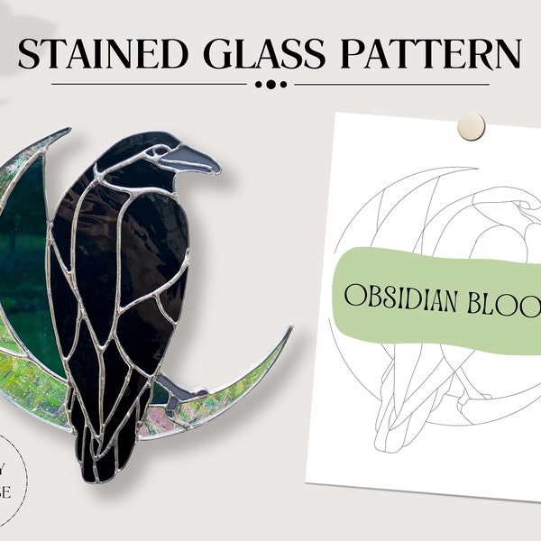 Stained Glass Pattern Template, PDF Digital Download, DIY Decor, Hobby License, Raven Moon Suncatcher