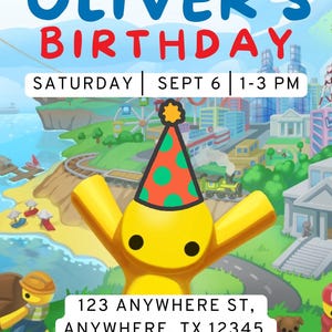 以下が含まれることがあります： 「LET'S CELEBRATE OLIVER'S BIRTHDAY」のテキストが入った、カラフルな誕生日パーティーの招待状。招待状には日付、時間、住所が記載されています。パーティーハットをかぶった黄色の漫画のキャラクターが前景に表示されています。