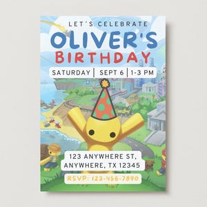 Op de afbeelding: Een kleurrijke verjaardagsuitnodiging met de tekst "LET'S CELEBRATE OLIVER'S BIRTHDAY" in blauw en rood. De uitnodiging bevat de datum, tijd en adres. Een geel stripfiguur met een feesthoed staat centraal.
