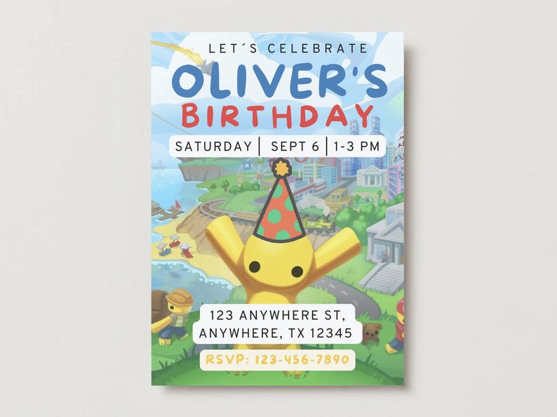 Op de afbeelding: Een kleurrijke verjaardagsuitnodiging met de tekst "LET'S CELEBRATE OLIVER'S BIRTHDAY" in blauw en rood. De uitnodiging bevat de datum, tijd en adres. Een geel stripfiguur met een feesthoed staat centraal.
