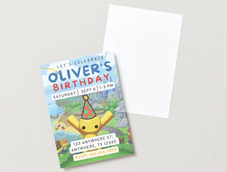 Op de afbeelding: Een kleurrijke verjaardagsuitnodiging met de tekst "LET'S CELEBRATE OLIVER'S BIRTHDAY" en evenementdetails. De uitnodiging toont een stripfiguur en een schilderachtige achtergrond. Bevat adres- en RSVP-informatie.