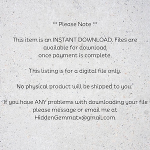 Op de afbeelding: Tekst op een gespikkelde achtergrond die een directe digitale download aankondigt. Er staat dat bestanden beschikbaar zijn na betaling en dat er geen fysiek product wordt verzonden. Neem contact op met HiddenGemmatx@gmail.com voor hulp. De tekst begint met "Let op".