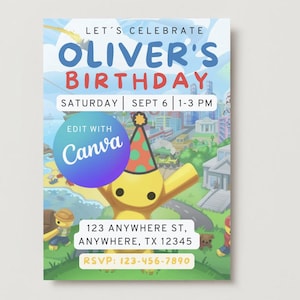 Op de afbeelding: Een kleurrijke verjaardagsuitnodiging met de tekst "LET'S CELEBRATE OLIVER'S BIRTHDAY". De uitnodiging bevat een cartoonfiguur, een stadsgezichtachtergrond, de datum en tijd van het feest, het adres en RSVP-informatie.
