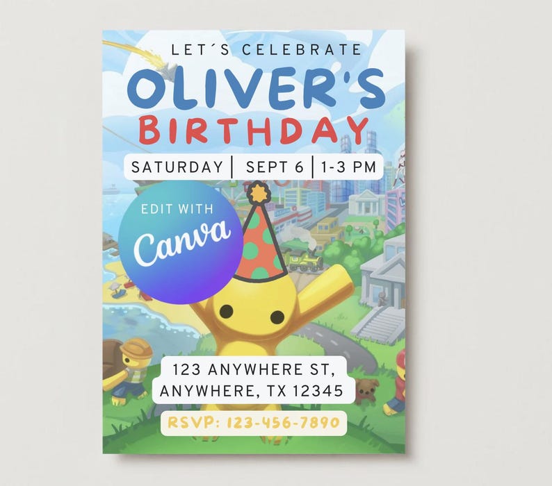 Op de afbeelding: Een kleurrijke verjaardagsuitnodiging met de tekst "LET'S CELEBRATE OLIVER'S BIRTHDAY". De uitnodiging bevat een cartoonfiguur, een stadsgezichtachtergrond, de datum en tijd van het feest, het adres en RSVP-informatie.