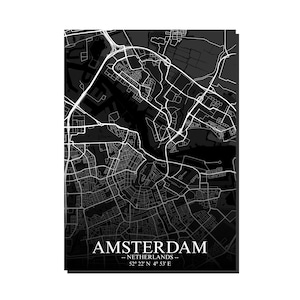 Affiche de carte d'Amsterdam, art mural minimaliste des Pays-Bas, plan des rues de la ville en noir et blanc, décoration d'intérieur moderne