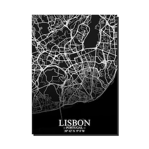 Lissabon Portugal kaartposter, minimalistische stadsmuurkunst, zwart-wit stratenplan, Portugees interieur