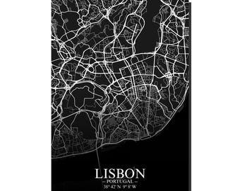 Affiche de carte de Lisbonne Portugal, art mural minimaliste de la ville, plan des rues en noir et blanc, décoration d'intérieur portugaise