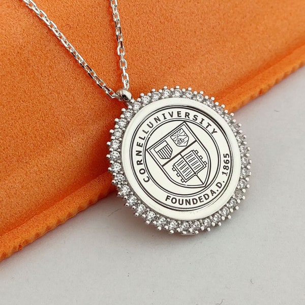 Customized silver graduation necklace, Handmade Engraved University logo pendant, Custom College or High School Crest, Special Gift for her