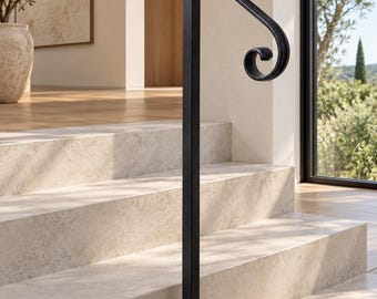May include: A matte black metal handrail featuring a single vertical support post and a curved top rail with decorative scroll ends. The handrail is mounted on a set of light-colored stone steps, providing a stable grip for navigating the staircase.