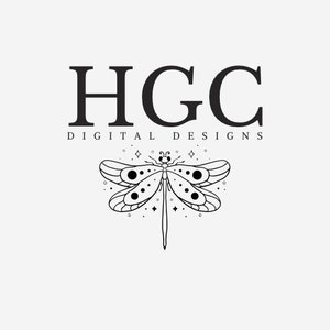 K&ouml;nnte beinhalten: Schwarzwei&szlig;es Logo-Design f&uuml;r ein Unternehmen namens "HGC Digital Designs". Das Logo zeigt eine stilisierte Libelle mit einem Kreis-Muster auf ihren Fl&uuml;geln.