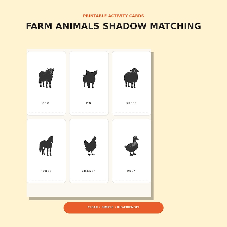 Jeu d'association d'ombres des animaux de la ferme Montessori, cartes d ...