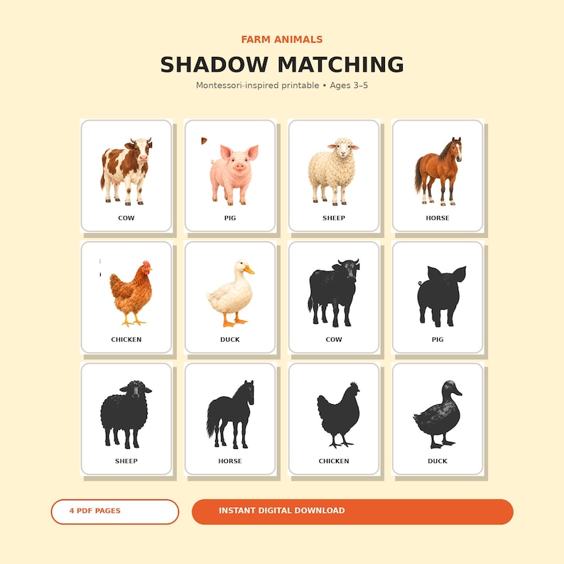 Jeu d'association d'ombres des animaux de la ferme Montessori, cartes d ...