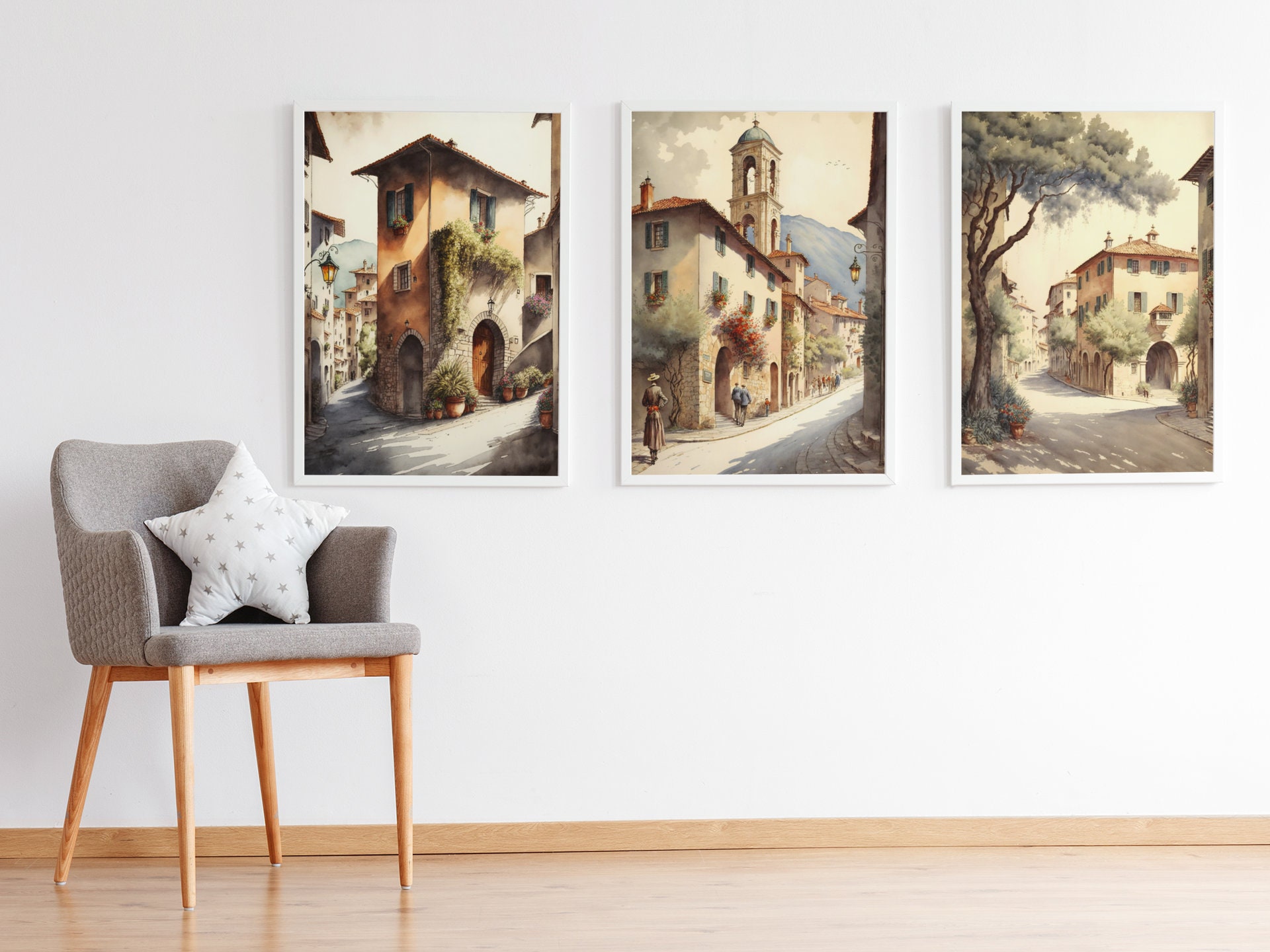 Vintage Watercolor Wall Art Set of 3 Italian Village Etsy
