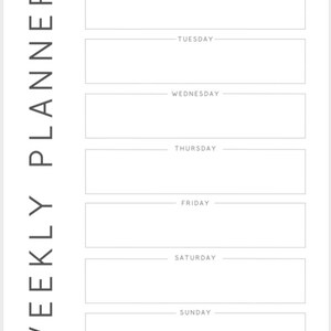 May include: A weekly planner with a simple design. The planner has a vertical layout with days of the week listed on the right side of the page. Each day has a blank space for writing tasks or appointments.