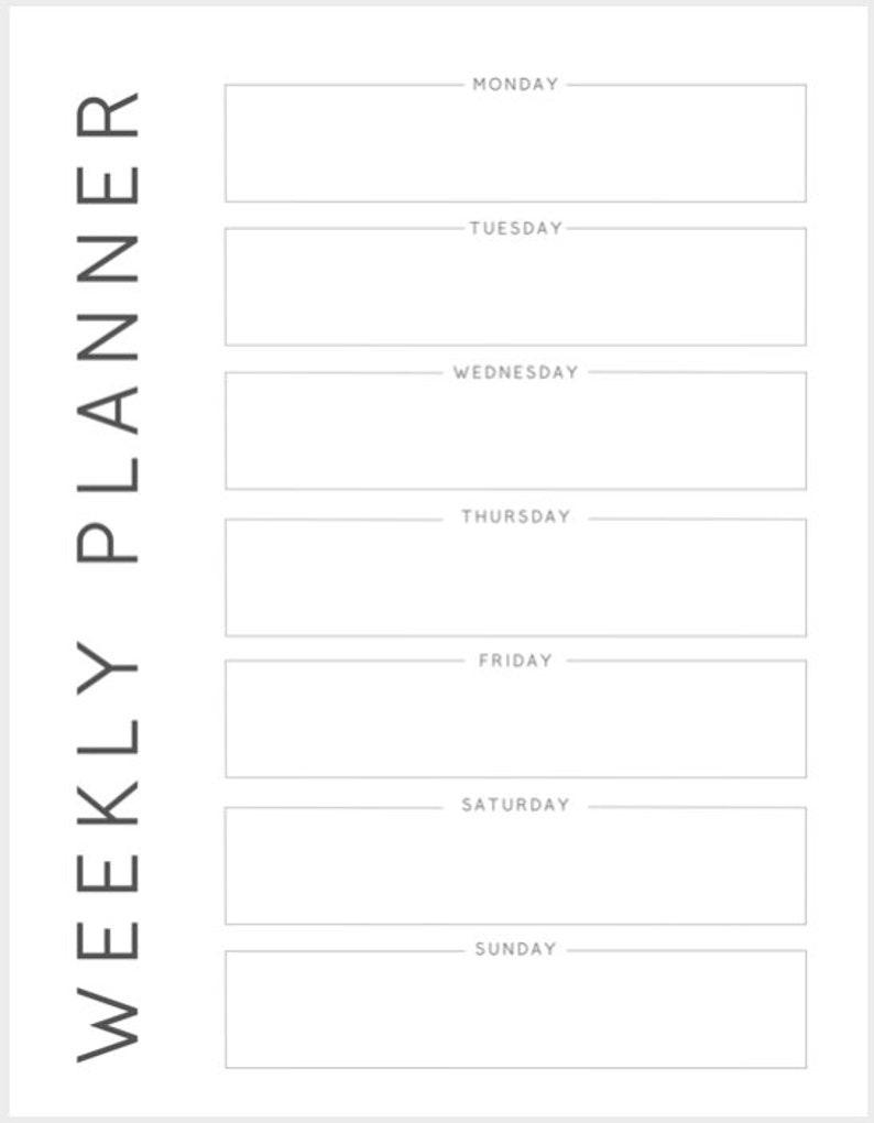 May include: A weekly planner with a simple design. The planner has a vertical layout with days of the week listed on the right side of the page. Each day has a blank space for writing tasks or appointments.