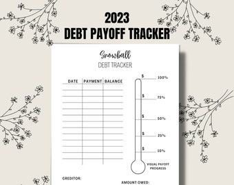 May include: A printable debt payoff tracker with a snowball method theme. The tracker includes a visual progress bar, sections for date, payment, balance, creditor, minimum payment, due date, amount owed, and goal payoff date.