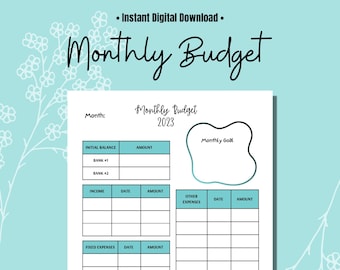 May include: A printable monthly budget planner with sections for income, expenses, and a summary. The planner is designed in a teal and white color scheme with a floral border.