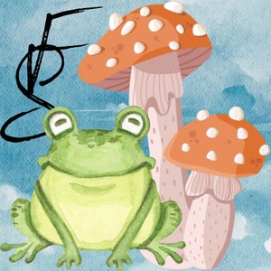 K&ouml;nnte beinhalten: Ein gr&uuml;ner Frosch mit einem breiten L&auml;cheln sitzt vor zwei roten und wei&szlig;en Pilzen mit rosa Stielen. Die Pilze haben wei&szlig;e Punkte und befinden sich auf einem blauen Hintergrund.
