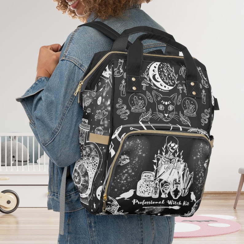 Goth Moth Diaper Bag Backpack Celestial Witchy Goth Baby Shower Gift Idea Insulated Travel Bottle Cooler Boho Moms Dads New Parents Newborn