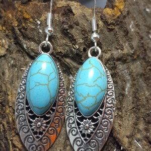 Southwestern turquoise and flower dangle earrings