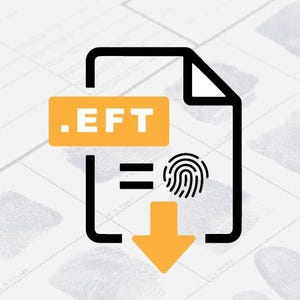 May include: An illustration featuring a black outline of a document with a folded corner, a fingerprint, and a downward-pointing arrow. A yellow rectangle with the text ".EFT" is also present. The background has a fingerprint pattern.