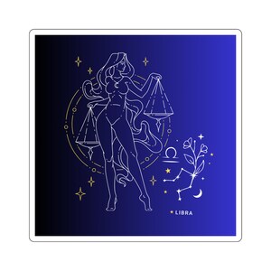 Pegatina cuadrada de constelaciones azules de la balanza del zodiaco Libra, calcomanía astrológica, pegatina del horóscopo para portátil, temática celestial, etiqueta para botella de agua