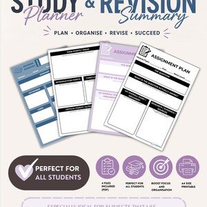 Puede incluir: Un paquete de estudio para estudiantes que incluye cuatro archivos imprimibles en tamaño A4 con un resumen de revisión, plan de tareas y plantillas de organización. Los documentos son blancos con texto morado y negro, incluyendo secciones.