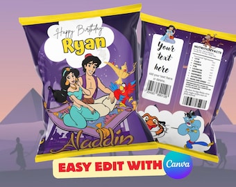 アラジンのパーティー記念品 – チップバッグのカスタム印刷物 – デジタルダウンロード