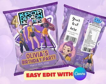 Editable K Pop Demon Hunters Chip Bag Label: Custom Birthday Party Favor (Digital)