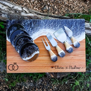 Custom Ocean Resin Charcuterie Board, Wedding Personalized Wood Cutting Boards, Engagement Gifts for Couple