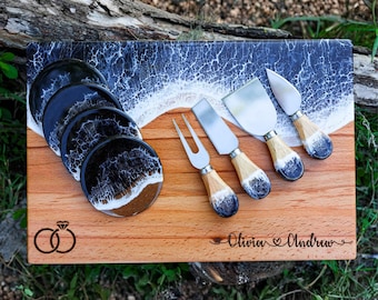 Custom Ocean Resin Charcuterie Board, Wedding Personalized Wood Cutting Boards, Engagement Gifts for Couple