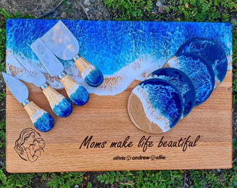 Personalized Mother's Day Cutting Board, Ocean Wave Epoxy Serving Tray, Kids Names Keepsake