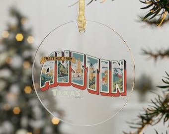 Austin, Texas Acrylic Ornaments | 1, 5, and 10 piece bundles |  Digitally Hand Drawn | Postcard Style Christmas Ornament