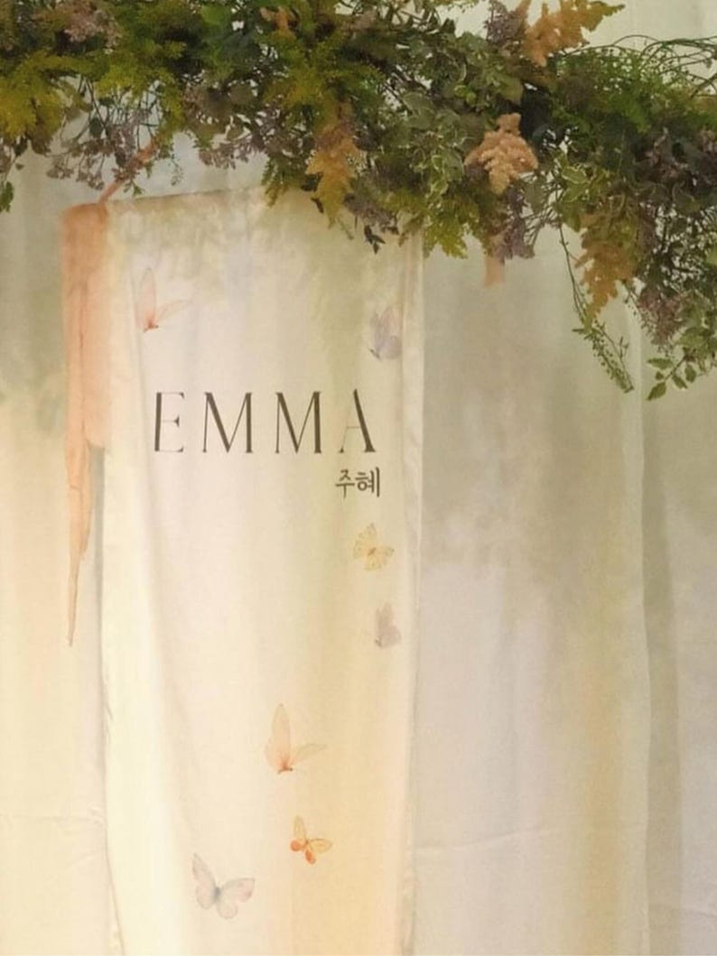 May include: A white banner with the name "EMMA" written in black lettering and the word "축해" written in Korean script. The banner is decorated with watercolor butterflies in shades of pink, yellow, and blue.
