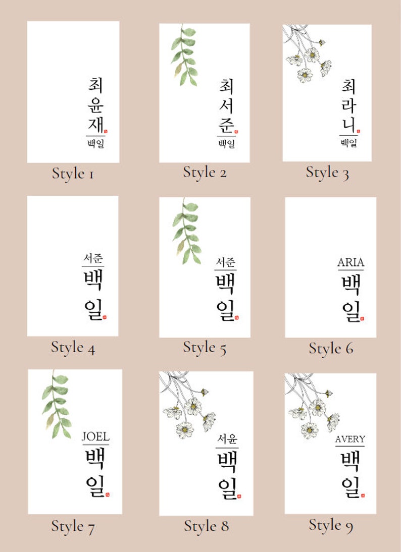 May include: Nine different styles of name cards with a watercolor floral design and Korean calligraphy. The names on the cards are: Choi Yoon Jae, Choi Seo Jun, Choi Rani, Seo Jun, ARIA, JOEL, Seo Yoon, AVERY. The text "백일" is written on each card, which translates to "100 days".