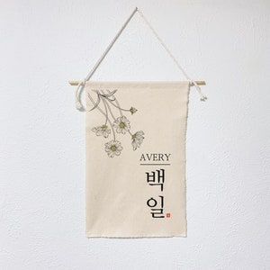 May include: A beige canvas wall hanging with a floral design and the name Avery in black text. The name Avery is written in Korean below the English name.